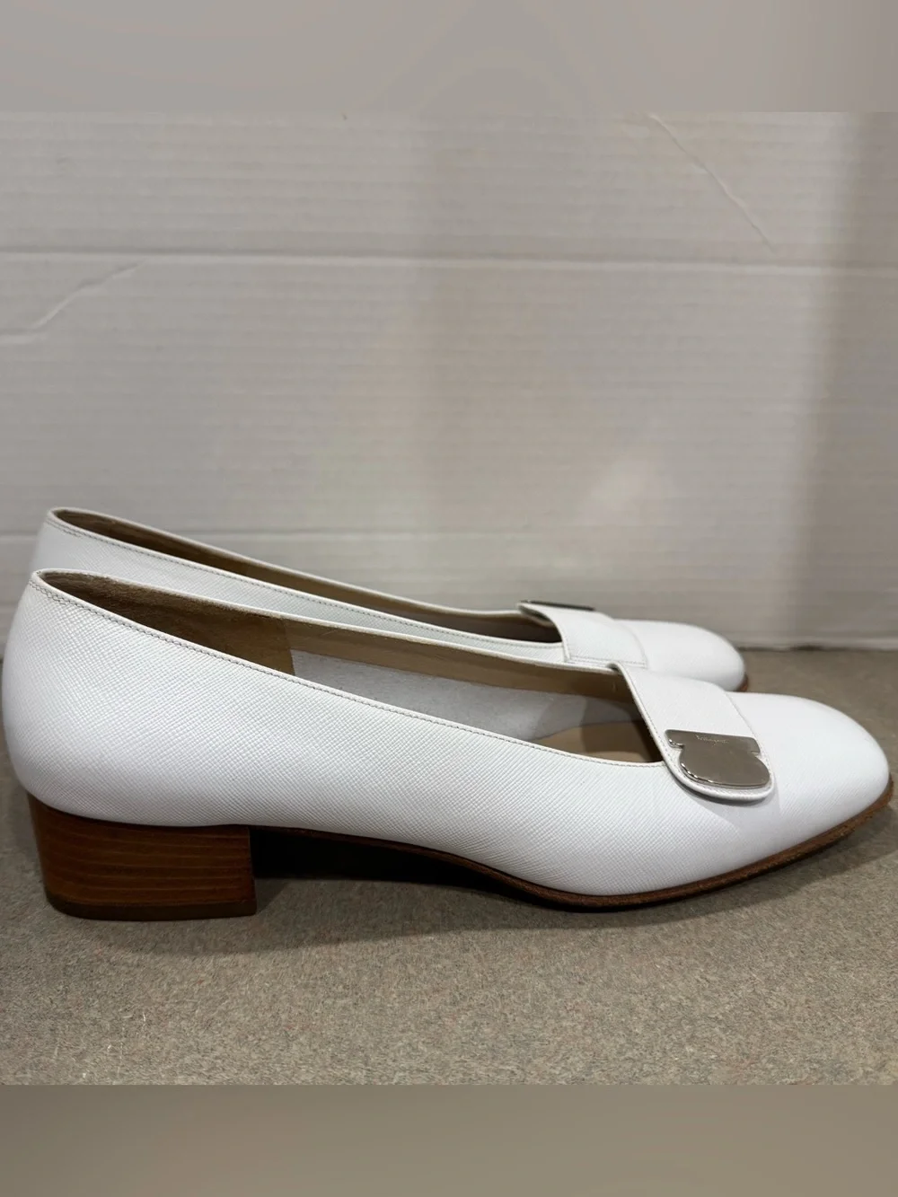 Salvatore Ferragamo White Leather Low Block Heel Loafers with Silver Buckle
